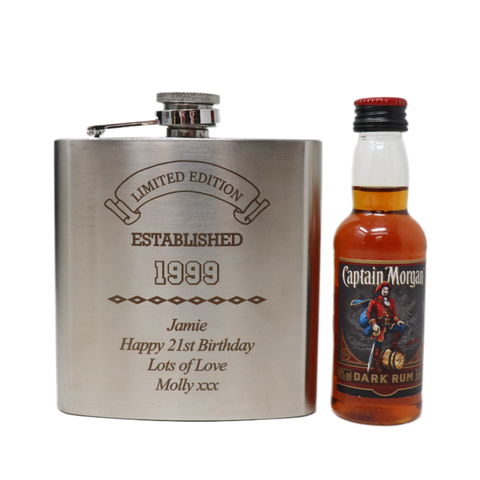 Personalised Silver Established Birthday Hip Flask & Miniature Alcohol Gift Set