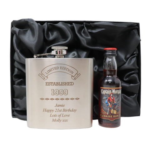 Personalised Silver Hip Flask & Miniature Alcohol - Established Birthday Design