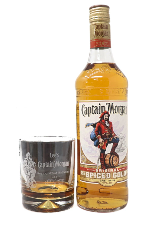 Personalised Glass Tumbler & 70cl Spiced Rum - Captain Morgan Pirate Design