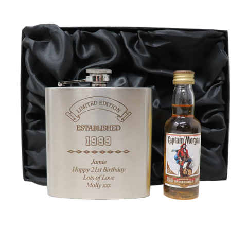Personalised Silver Established Birthday Hip Flask & Miniature Alcohol Gift Set