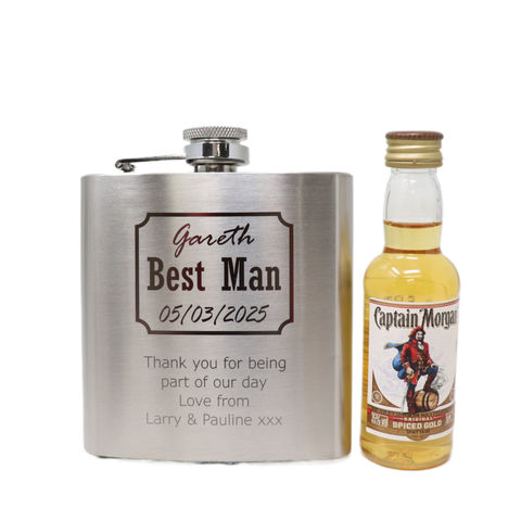 Personalised Silver Hip Flask & Miniature Alcohol - Best Man Wedding Design