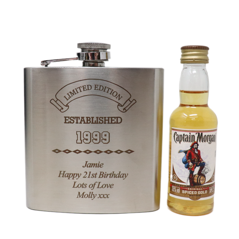 Personalised Silver Established Birthday Hip Flask & Miniature Alcohol Gift Set