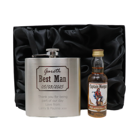 Personalised Silver Hip Flask & Miniature Alcohol - Best Man Wedding Design