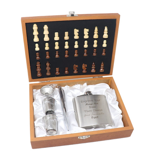Personalised Silver Hip Flask & Chess Gift Set