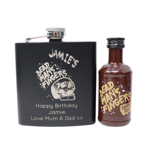 Personalised Black Hip Flask & Miniature Alcohol - Dead Man's Fingers Rum Design