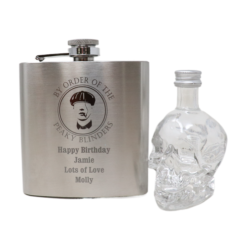 Personalised Silver Hip Flask & Miniature Alcohol - Peaky Blinders Design