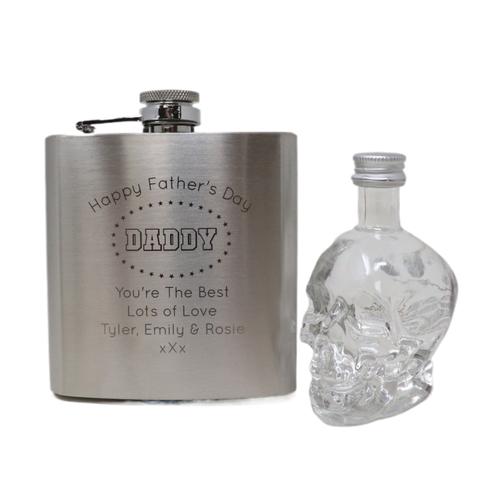 Personalised Silver Hip Flask & Miniature Alcohol - Father's Day Design