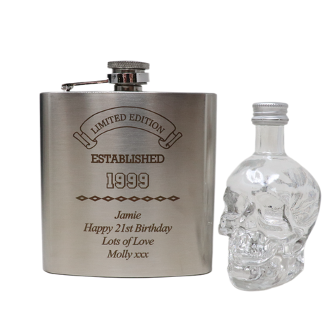 Personalised Silver Hip Flask & Miniature Alcohol - Established Birthday Design