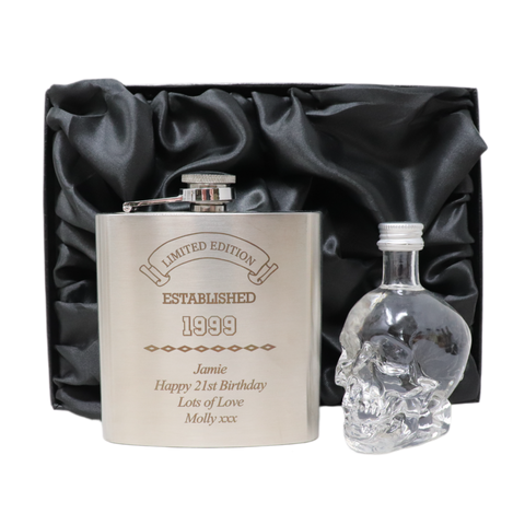 Personalised Silver Established Birthday Hip Flask & Miniature Alcohol Gift Set