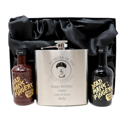 Personalised Silver Hip Flask & Miniature Alcohol - Peaky Blinders Design