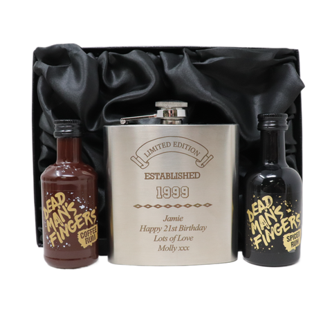 Personalised Silver Established Birthday Hip Flask & Miniature Alcohol Gift Set
