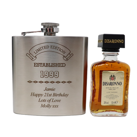 Personalised Silver Established Birthday Hip Flask & Miniature Alcohol Gift Set