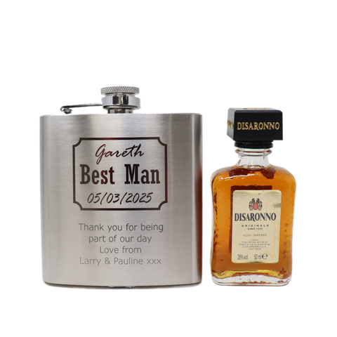 Personalised Silver Hip Flask & Miniature Alcohol - Best Man Wedding Design