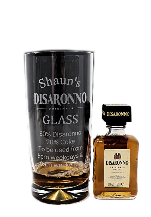 Personalised Engraved Highball Glass & Miniature Alcohol Gift Set  - Disaronno % Design