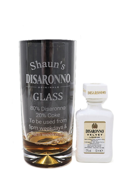 Personalised Engraved Highball Glass & Miniature Alcohol Gift Set  - Disaronno % Design