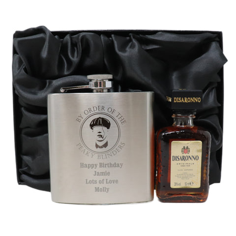 Personalised Silver Hip Flask & Miniature Alcohol - Peaky Blinders Design