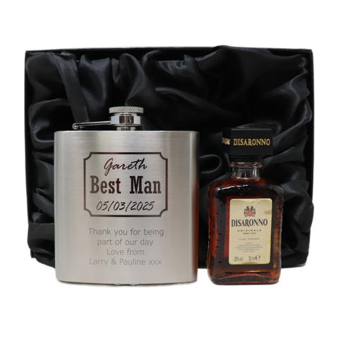 Personalised Silver Hip Flask & Miniature Alcohol - Best Man Wedding Design