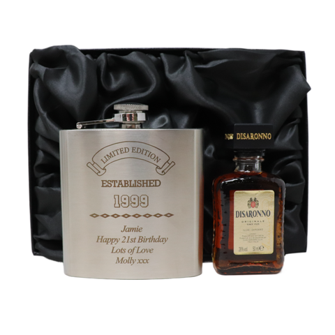 Personalised Silver Established Birthday Hip Flask & Miniature Alcohol Gift Set