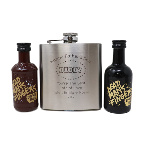 Personalised Silver Hip Flask & Miniature Alcohol - Father's Day Design