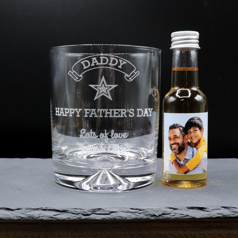 Personalised Fathers Day Glass Tumbler & Photo Design Mini Alcohol Bottle