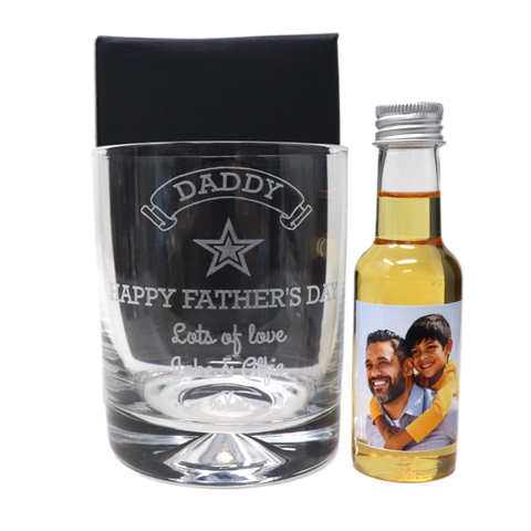Personalised Glass Tumbler & Photo Design Mini Alcohol Bottle - Fathers Day Design