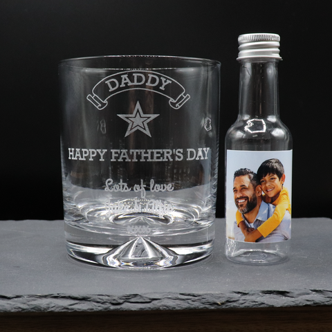 Personalised Glass Tumbler & Photo Design Mini Alcohol Bottle - Fathers Day Design