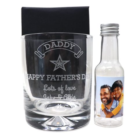 Personalised Glass Tumbler & Photo Design Mini Alcohol Bottle - Fathers Day Design