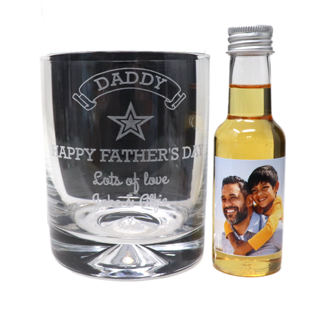 Personalised Glass Tumbler & Photo Design Mini Alcohol Bottle - Fathers Day Design
