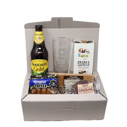 Personalised Pint Glass & Thatchers Gold Cider Hamper Gift Box - Father's Day Design