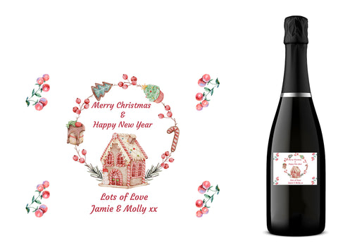 Personalised Prosecco Bottle Label - Christmas Gingerbread House Design