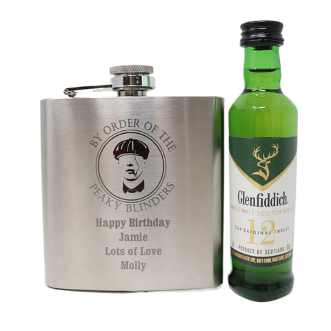 Personalised Silver Hip Flask & Miniature Alcohol - Peaky Blinders Design