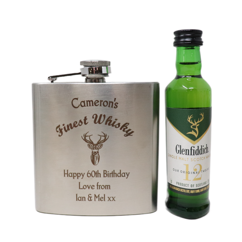 Personalised Silver Hip Flask & Miniature Alcohol - Finest Whisky Design