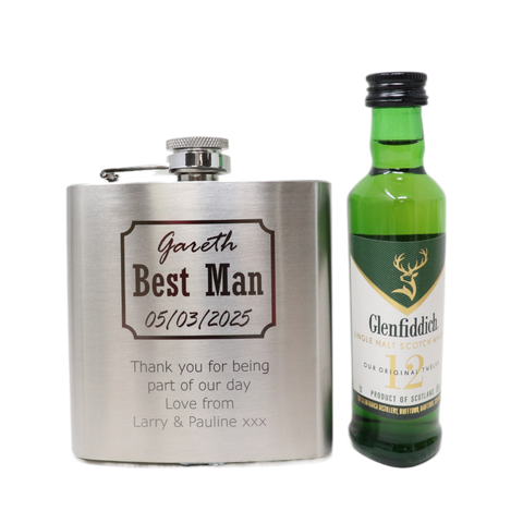 Personalised Silver Hip Flask & Miniature Alcohol - Best Man Wedding Design