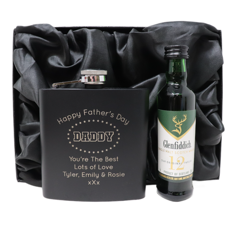 Personalised Black Hip Flask & Miniature - Father's Day Design