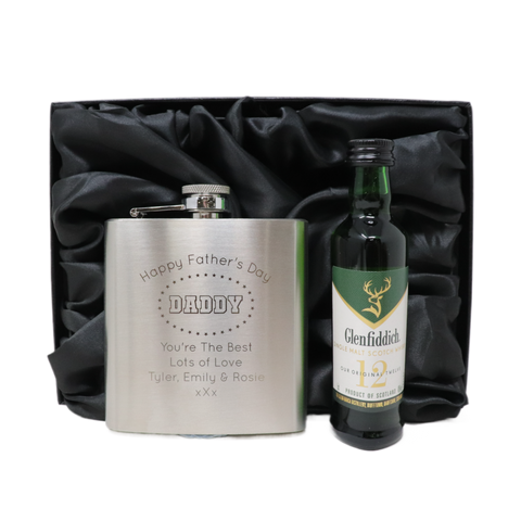 Personalised Silver Hip Flask & Miniature Alcohol - Father's Day Design