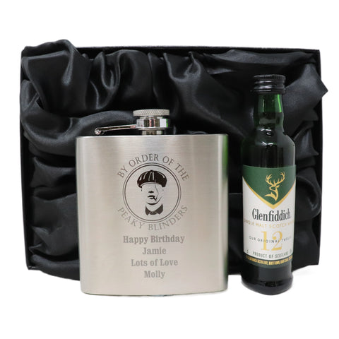 Personalised Silver Hip Flask & Miniature Alcohol - Peaky Blinders Design