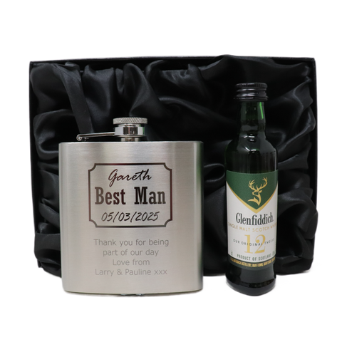 Personalised Silver Hip Flask & Miniature Alcohol - Best Man Wedding Design