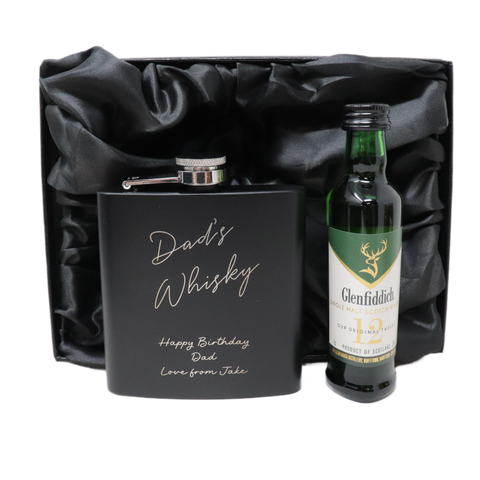 Personalised Black Hip Flask & Miniature Alcohol - Whisky Design