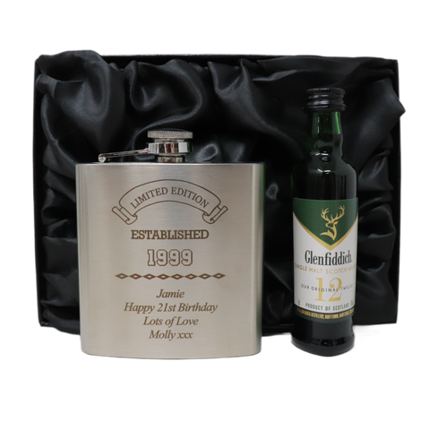 Personalised Silver Established Birthday Hip Flask & Miniature Alcohol Gift Set