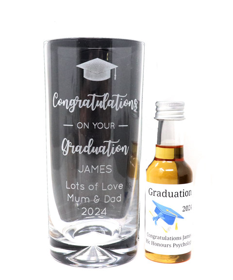 Engraved Graduation Highball Glass & Personalised Miniature Alcohol Bottle