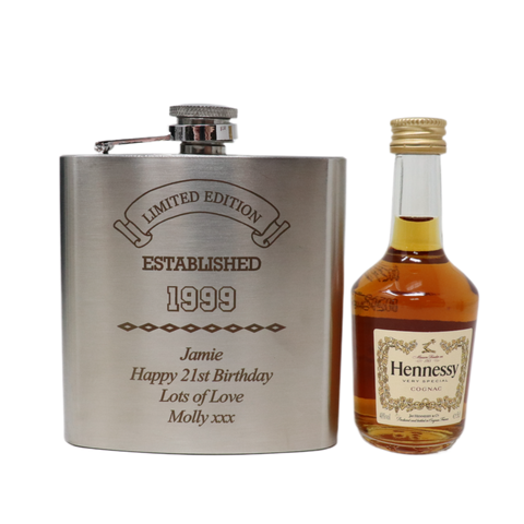 Personalised Silver Established Birthday Hip Flask & Miniature Alcohol Gift Set