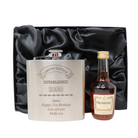 Personalised Silver Established Birthday Hip Flask & Miniature Alcohol Gift Set