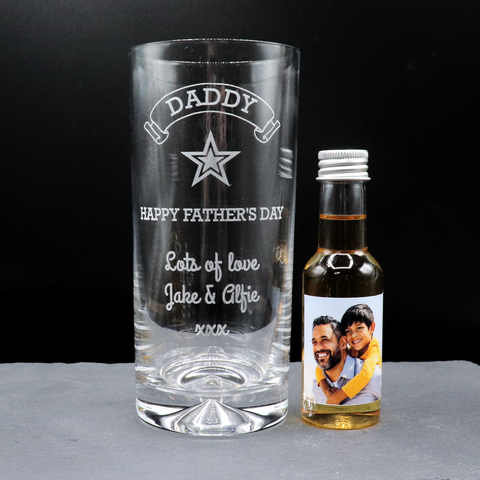 Personalised Highball Glass & Photo Design Mini Alcohol Bottle - Fathers Day Design