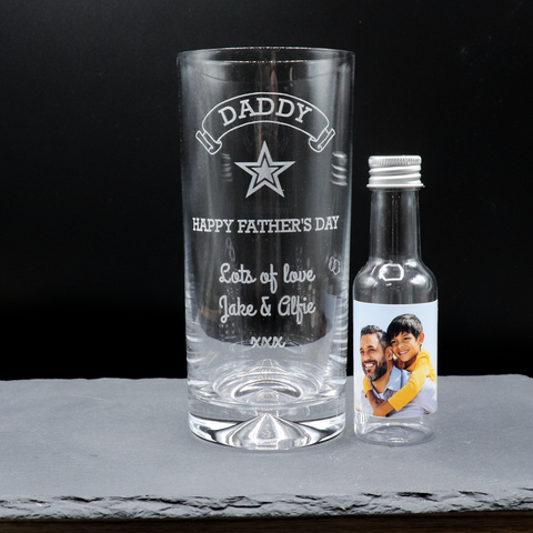 Personalised Highball Glass & Photo Design Mini Alcohol Bottle - Fathers Day Design