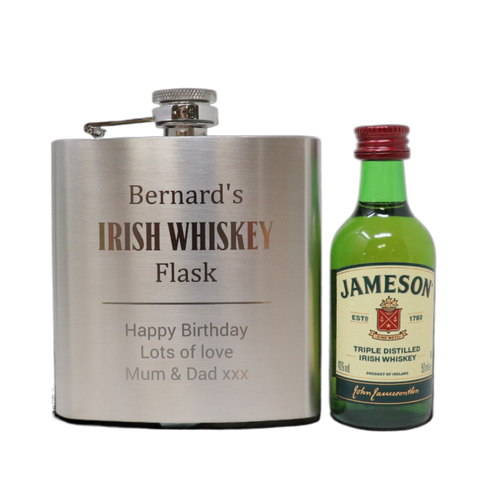 Personalised Silver Hip Flask & Miniature Alcohol - Irish Whiskey Design