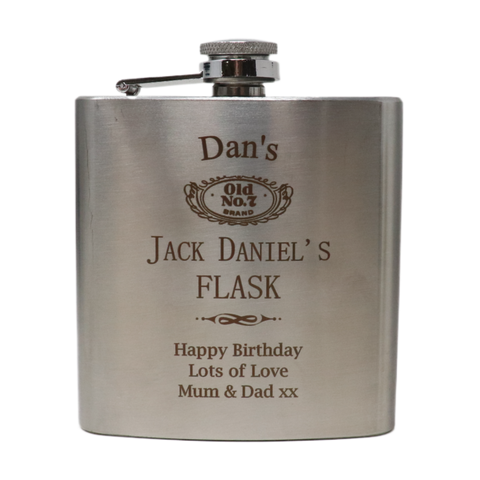 Personalised Silver Hip Flask - Jack Daniels Design