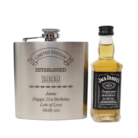 Personalised Silver Established Birthday Hip Flask & Miniature Alcohol Gift Set