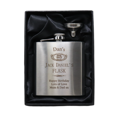 Personalised Silver Hip Flask - Jack Daniels Design