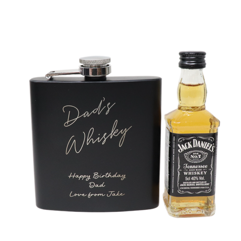 Personalised Black Hip Flask & Miniature Alcohol - Whisky Design