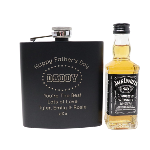 Personalised Black Hip Flask & Miniature - Father's Day Design